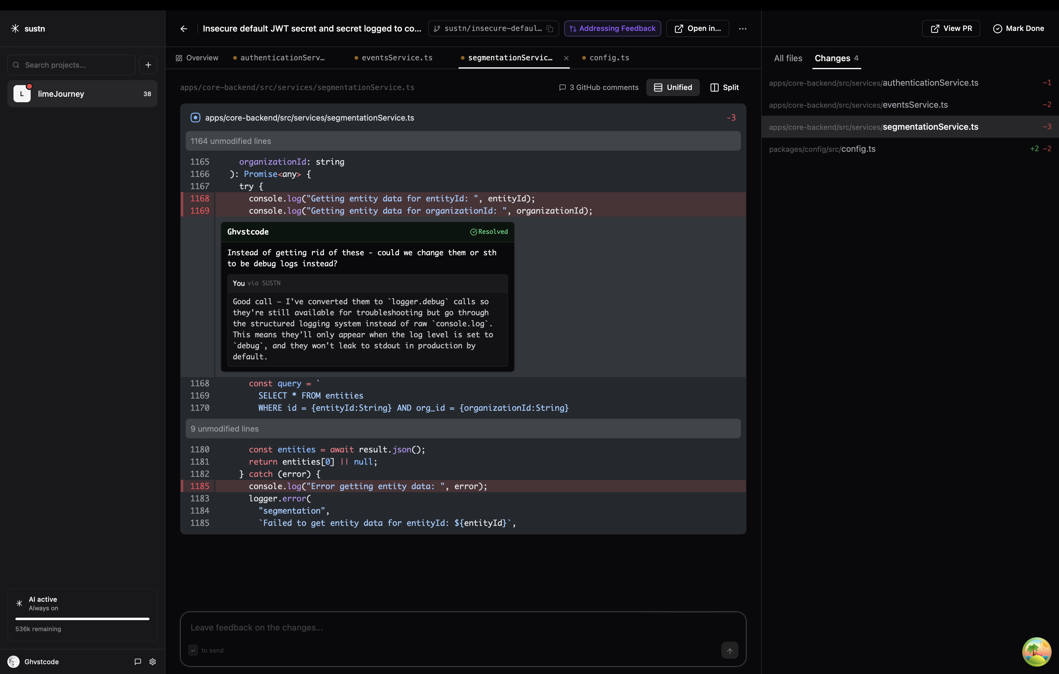 PR review with inline comments and conversation threads