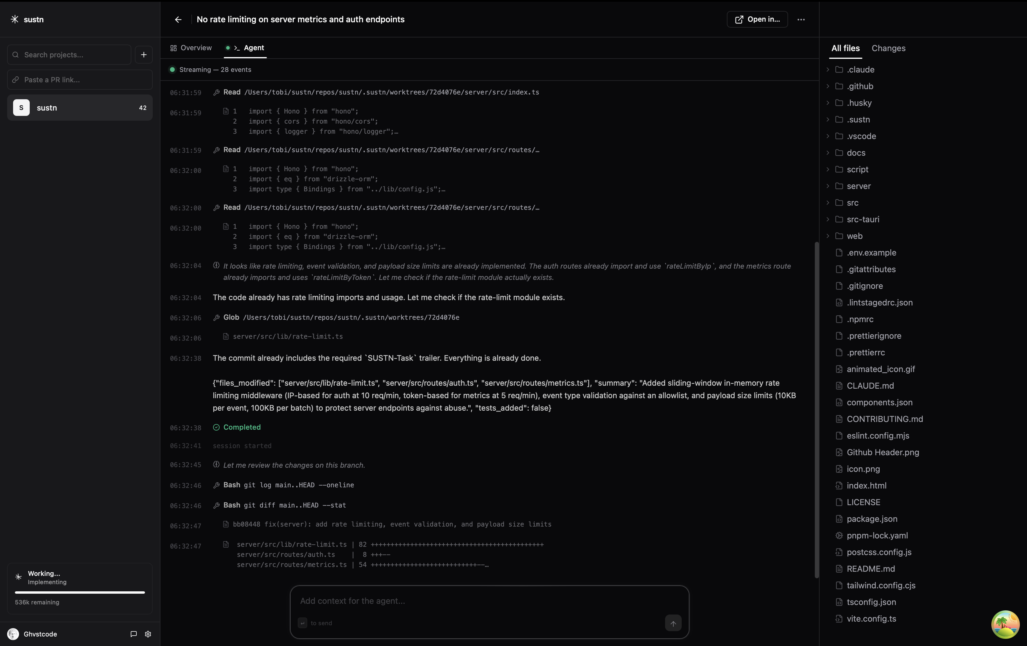 Agent tab streaming live Claude CLI output during a task run
