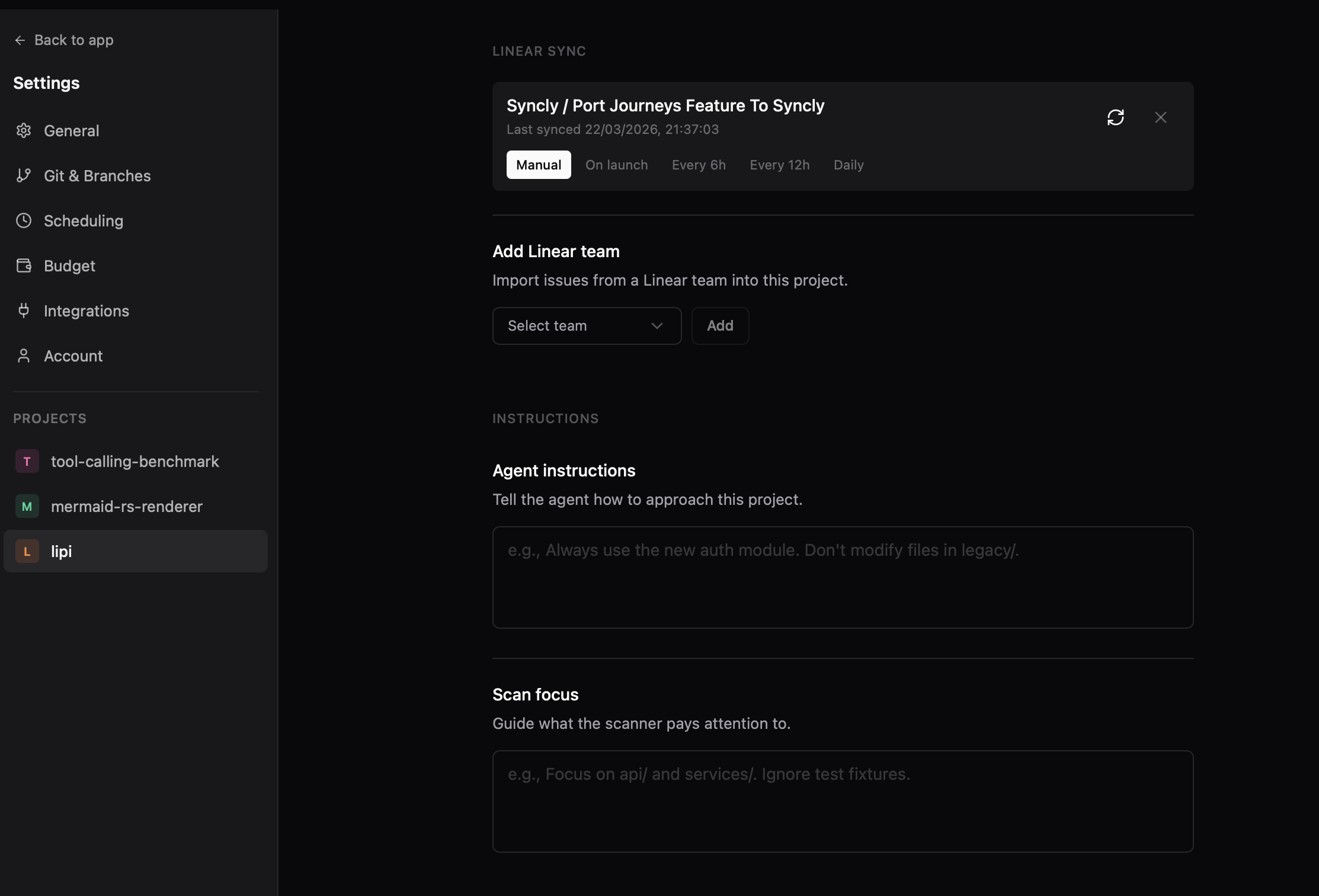 Linear integration settings and task view